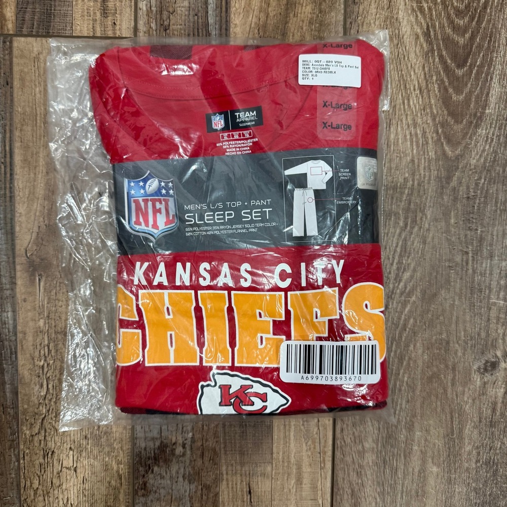 NFL Kansas City Chiefs Mens XL Sleep Set Red Plaid Long Sleeve Top & Pant Set